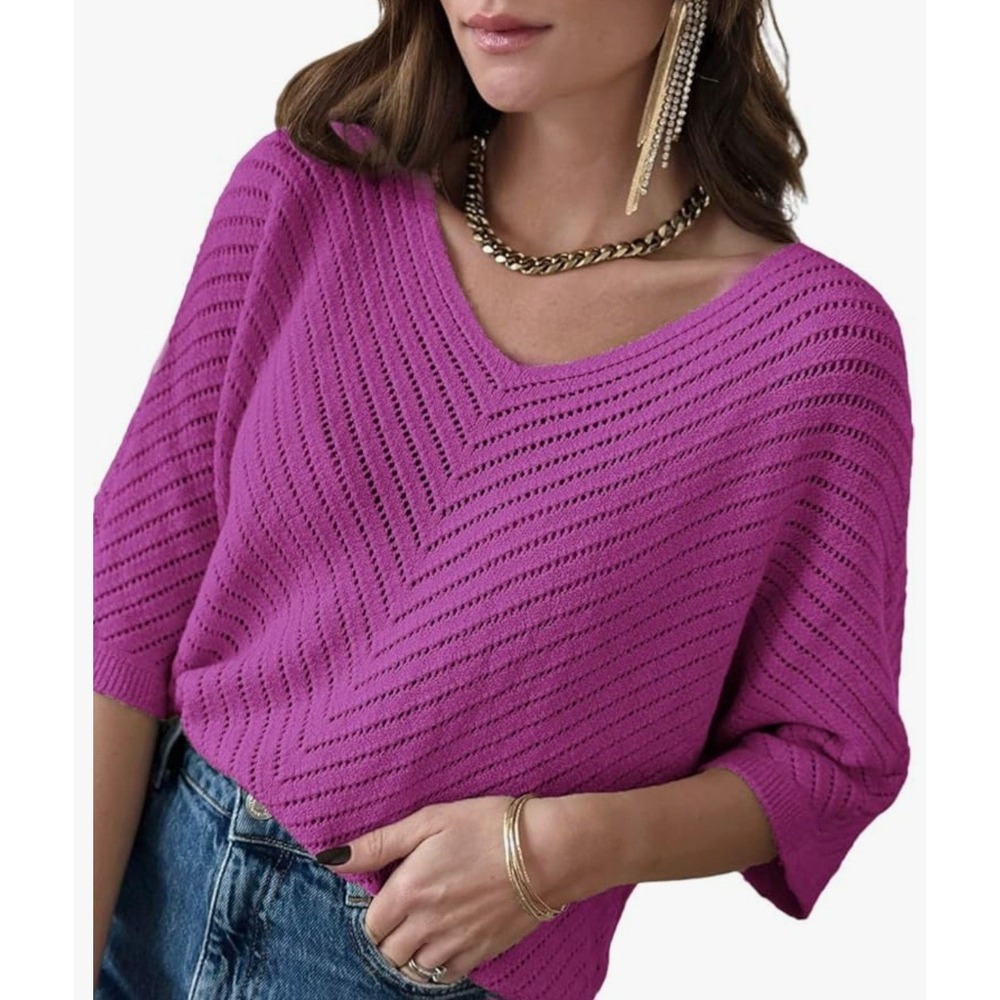 Loose Pullover Knit Sweater Women Sm Purple V Neck 3/4 Sleeve‎ Pointelle Chevron